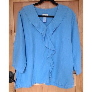 Vintage Mosaic 100% Linen XL Blue Blouse Flounce 3/4 Sleeve Minimalist Lagenlook